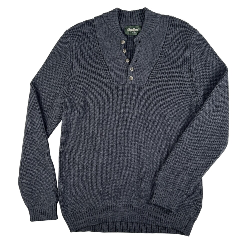 Eddie Bauer Sweater Mens Large Gray Cotton Ribbed Henley Knit Casual Pullover
